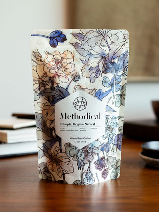 Methodical Ethiopia Origins Natural coffee bag with bold floral wrap.