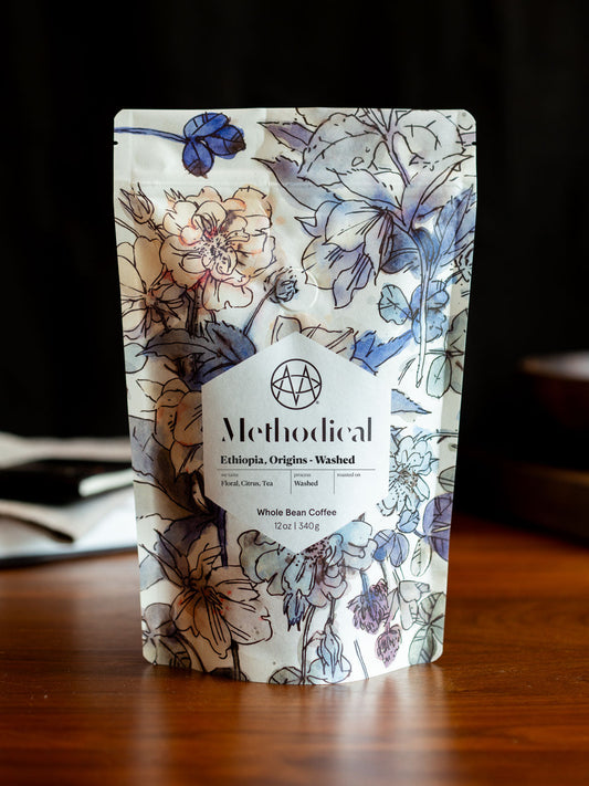 Methodical Ethiopia Origins Washed coffee bag with floral pattern and white label