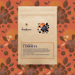 Banko Chelchele Ethiopia coffee bag with Demitasse branding and decorative blue and orange label.