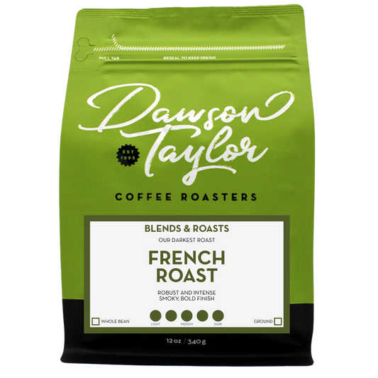 Green Dawson Taylor French Roast bag with Blends & Roasts label and bold French Roast text