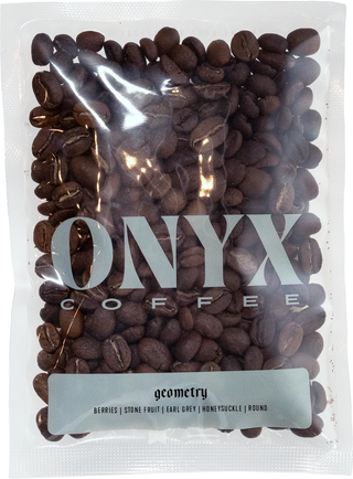 Onyx Geometry coffee beans in a clear bag with a large ONYX logo