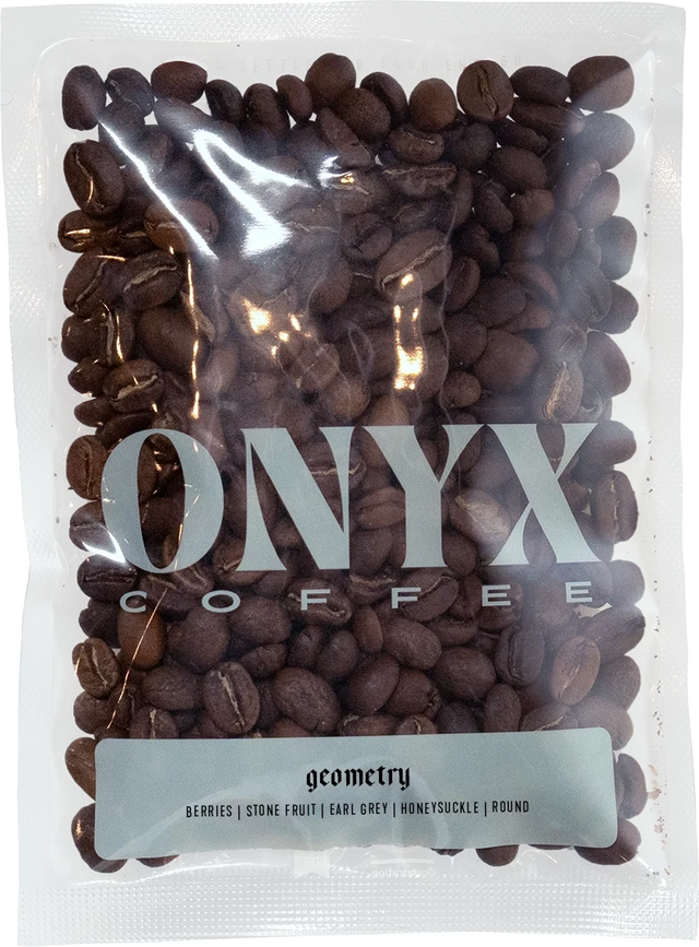 Onyx Geometry coffee beans in a clear bag with a large ONYX logo