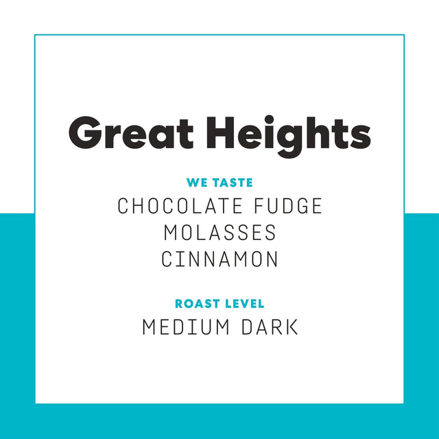Front page of Great Heights packaging with bold title and teal border