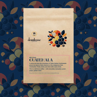 Guatemala Rio Ocho coffee bag by Demitasse with a colorful fruit bouquet graphic