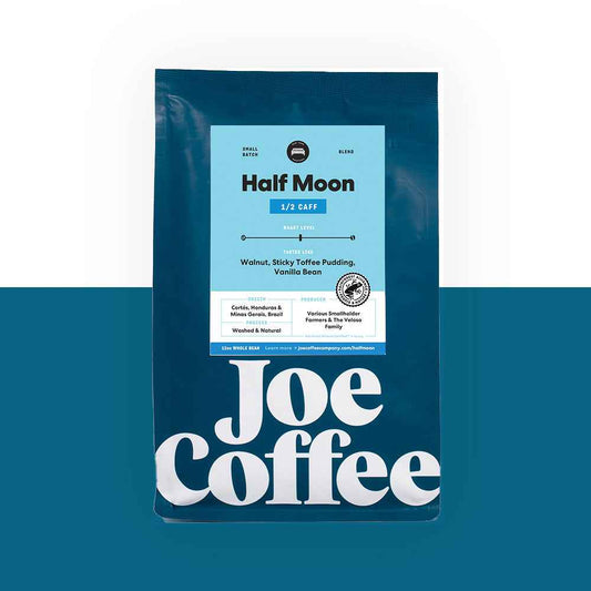 Half Moon Half Caff coffee bag with blue label and Joe Coffee logo