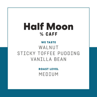 Half Moon Half Caff product page banner with bold black title text inside a teal border