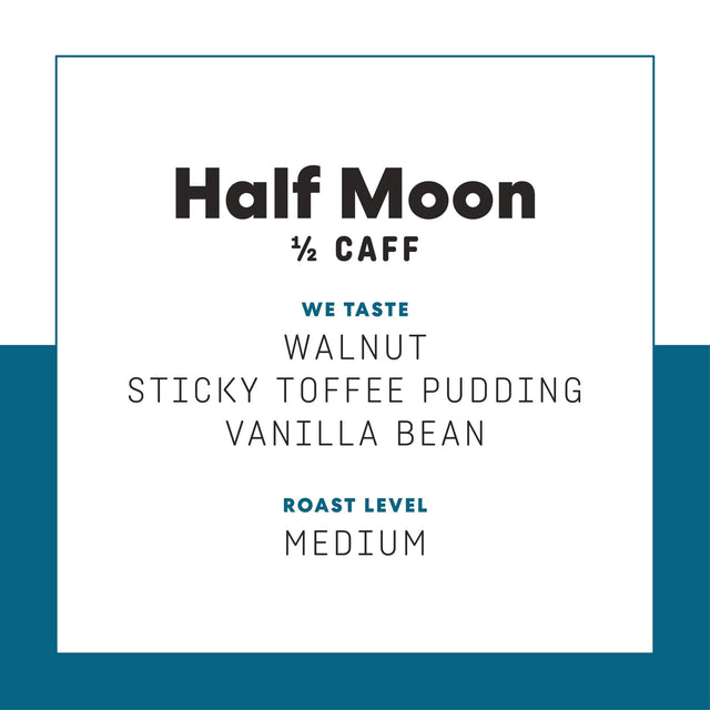 Half Moon Half Caff product page banner with bold black title text inside a teal border
