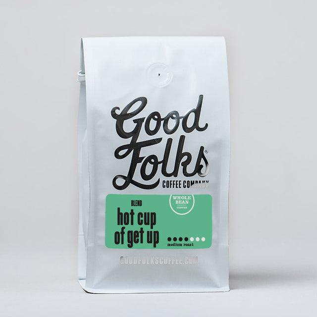 White Good Folks Coffee bag labeled hot cup of get up with a green roast label