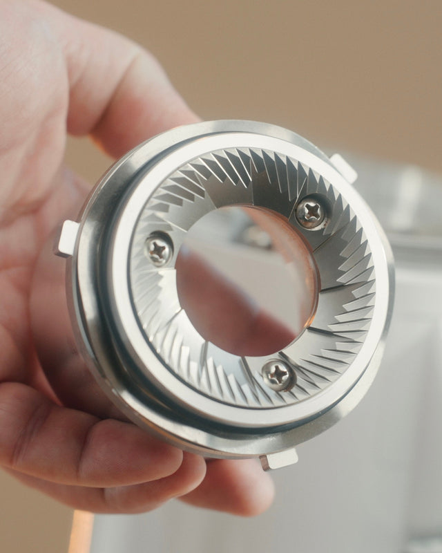Close up of the grind adjustment dial on the Turin DF64 Gen 2.5 single dose grinder