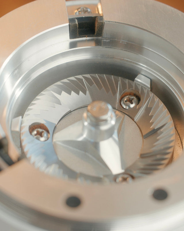 Turin DF64 Gen 2.5 single dose grinder burr assembly viewed from above with serrated inner ring
