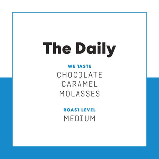 The Daily product page featuring bold logo on a white card and roast level text