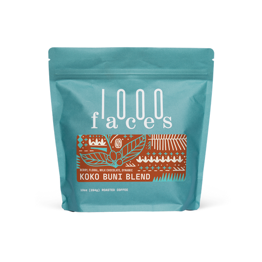 Koko Buni coffee bag in turquoise packaging with a decorative brown label by 1000 Faces