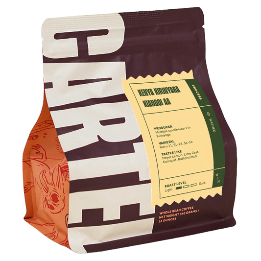 Kenya Kirinyaga coffee packaging with a yellow processing label visible