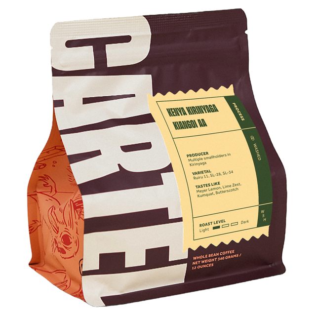 Kenya Kirinyaga coffee packaging with a yellow processing label visible