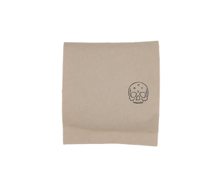 Kraft paper coffee bag with a small skull logo in the lower right corner