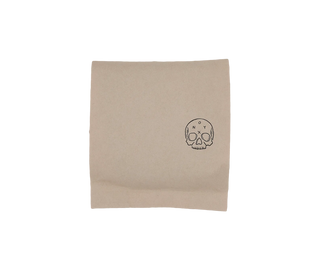 Brown kraft coffee bag for Tropical Weather with a small black skull logo in the lower right