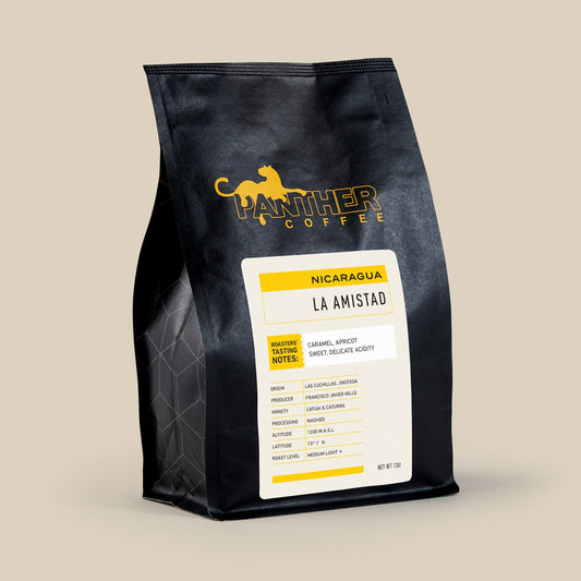 La Amistad Nicaragua coffee bag featuring the Panther Coffee logo in yellow and an origin label.