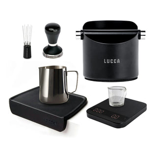 LUCCA Premium Espresso Accessories Kit layout including black LUCCA scale, stainless steel milk pitcher, and tamper