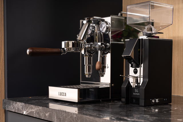 LUCCA Solo Espresso Machine in Stainless Steel from Clive Coffee - lifestyle, large