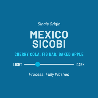 Blue background coffee card showing Mexico Sicobi single origin with flavor notes and roast level slider