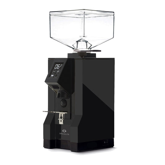 Eureka Mignon Specialita espresso grinder with a clear hopper atop a sleek black body.