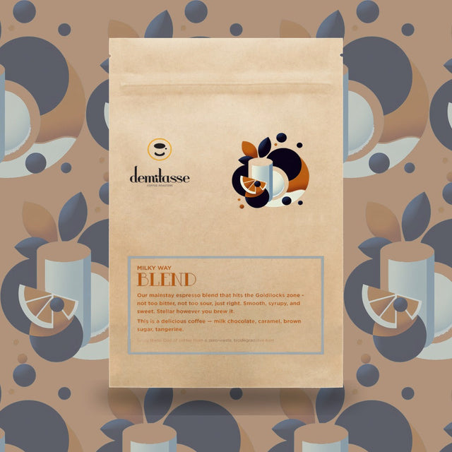 Demitasse Milky Way Blend coffee bag with abstract geometric artwork and Demitasse logo.