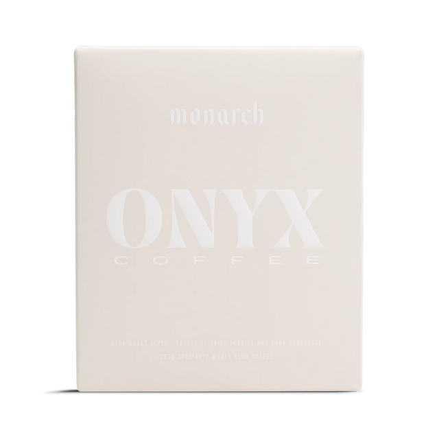 Monarch coffee box in pale beige with a large white ONYX COFFEE logo