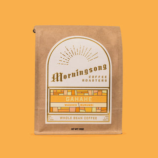 Gahahe Burundi coffee bag by Morningsong Coffee Roasters with sunburst emblem on the label