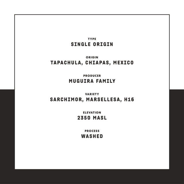Nightcap Decaf product page showing single origin Tapachula Chiapas Mexico produced by Mugira Family at 2350 masl and washed process