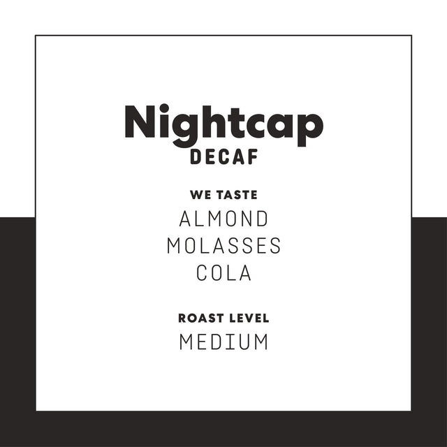 Nightcap Decaf packaging page featuring bold Nightcap title and almond molasses sequences on white background
