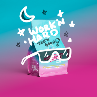 Night Shift coffee bag by Cat & Cloud with teal packaging and white doodle graphics on a teal pink gradient backdrop.