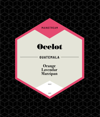 Ocelot Guatemala coffee bag by Passion House with pink hexagon label and geometric backdrop