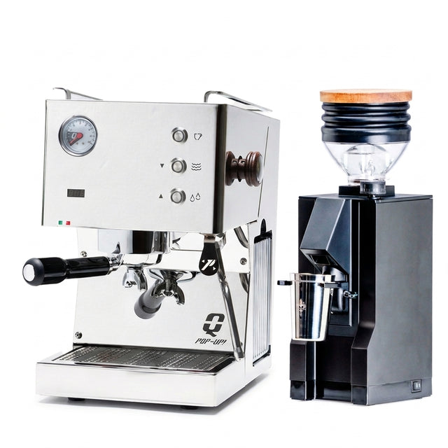 Quick Mill Pop up in chrome bundled with a Eureka Mignon Zero 65 Espresso Grinder
