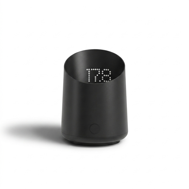 Subminimal Subscale palm-sized black cylinder with LED readout visible through the Tritan shell.