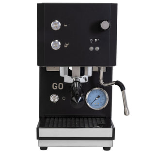Black Profitec GO espresso machine with a gauge on a blue background
