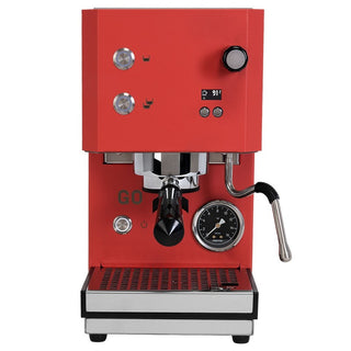 A red semi-automatic espresso machine with chrome and black metal components, a digital display, and a steam wand, shown against a plain white background.