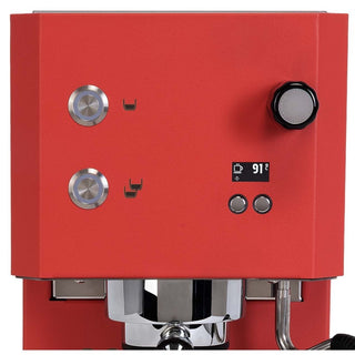 Red Profitec GO espresso machine with PID control panel and brewing buttons closeup by Clive Coffee.