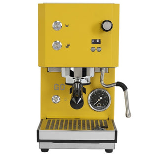 A bright yellow Profitec GO semi-automatic espresso machine with chrome and black metal components, a digital display, and a steam wand, shown against a plain white background.