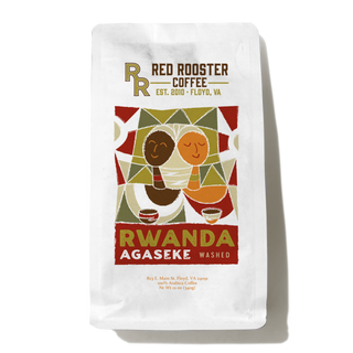 Rwanda Agaseke Washed coffee bag front showing Red Rooster logo and colorful geometric artwork.