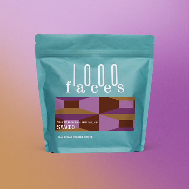 Savio coffee bag from 1000 Faces with turquoise pouch and geometric purple brown label.
