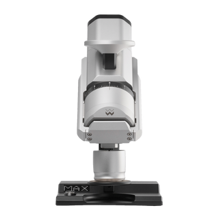 Front view of Weber Workshops EG-1 Mk-3 grinder with dial scale and logo on the head mounted on a stand