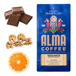 Soulmate medium roast Alma Coffee bag shown with chocolate pieces walnuts and an orange slice