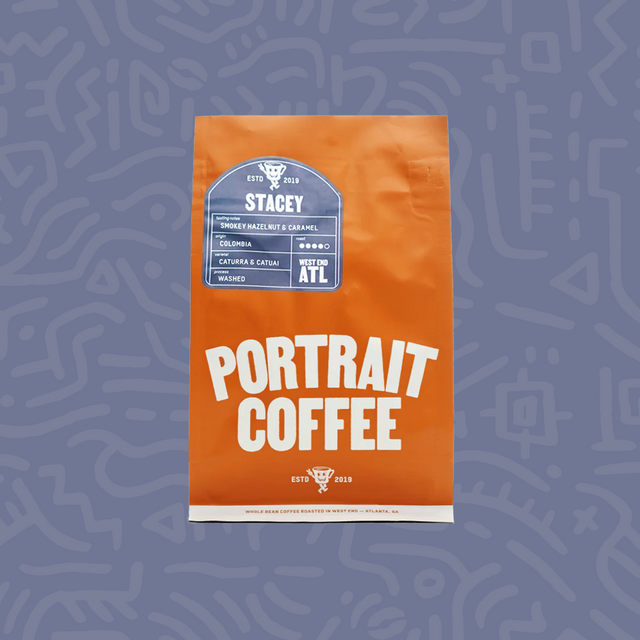 Orange Stacey coffee bag from Portrait Coffee featuring a blue Stacey label and Colombia origin.