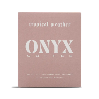 Tropical Weather Onyx Coffee Lab bag with pink packaging and large ONYX logo