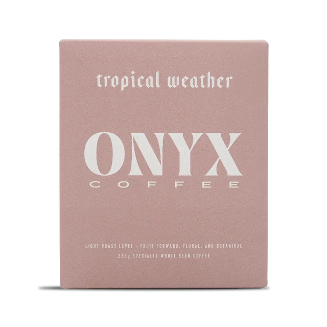 Tropical Weather Onyx Coffee Lab bag with pink packaging and large ONYX logo