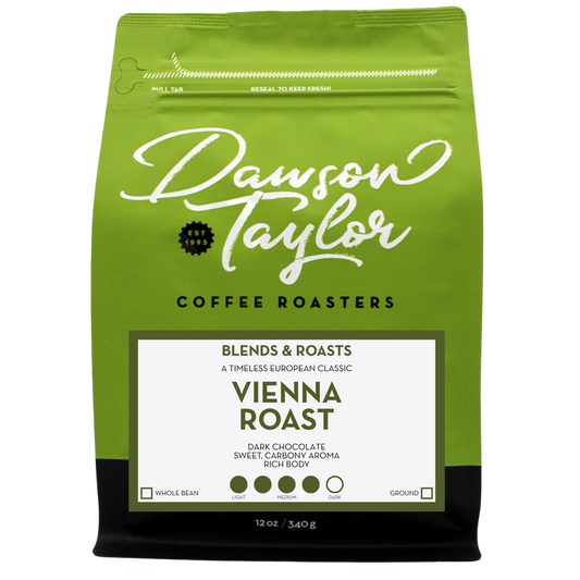 Vienna Roast coffee bag on green packaging with a white label card reading Vienna Roast