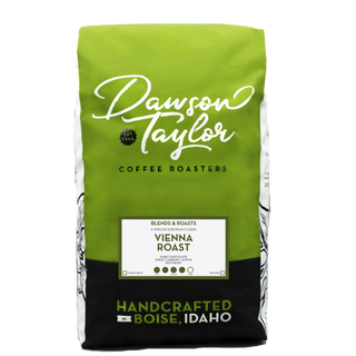 Bright green Vienna dark roast coffee bag with white script and roast label.