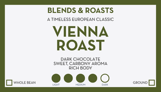 Green Vienna Roast packaging with a product card overlay listing blends and roasts.