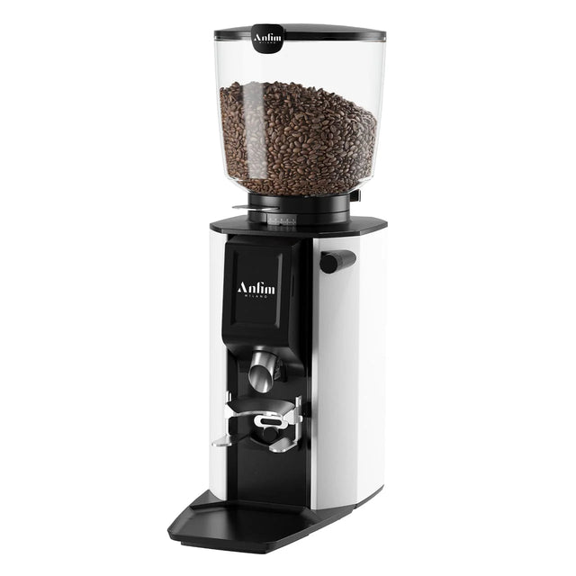 Front view of the Anfim Luna espresso grinder in white —knockout by Clive Coffee