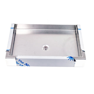 Stainless steel drip tray for Pro 800 espresso machine with blue taped corners on white background